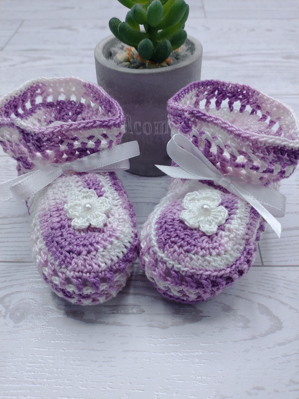 New Hand Crocheted Infant Girl Variegated Purple Booties,Cotton Thread